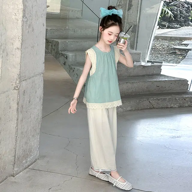 比比我裙装套装 女童夏季 小孩衣服 小女孩字花边上衣灯笼裤 大童潮牌运动