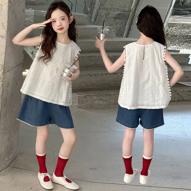 比比我休闲运动套装 女童夏季服装 大童潮牌 小孩衣服 小女孩无袖镂空牛仔短裤