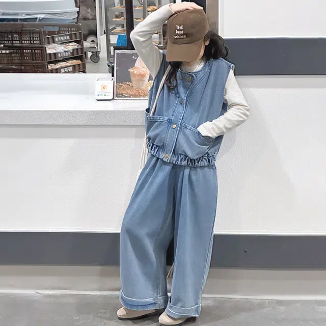 比比我休闲运动套装  女童春秋季牛仔马甲大童潮牌小孩衣服 小女孩长袖洋气时髦 舒适帅气轻便