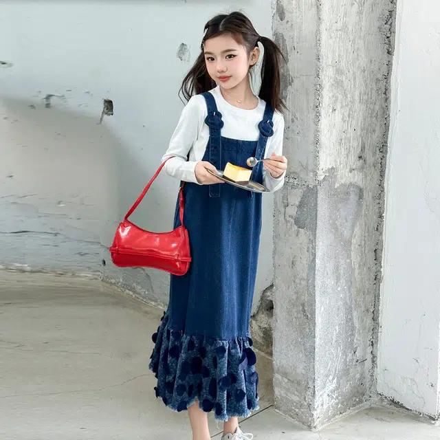 比比我休闲运动套装  女童春秋季爱心牛仔背带裙大童潮牌小孩衣服 小女孩长袖洋气时髦 舒适帅气轻便