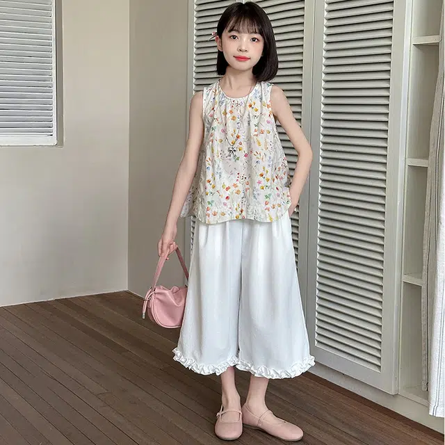 比比我儿童休闲运动套装 女童夏季 小孩衣服 小女孩无袖上衣 洋气中裤套 大童潮牌 时尚