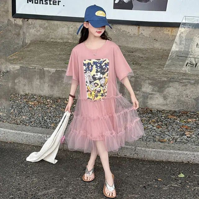 比比我女童夏季连衣裙 小女孩双层潮款网纱裙 清新公主裙 大童潮牌 百搭休闲