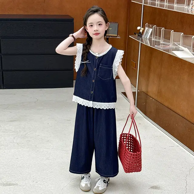 比比我儿童套装  休闲运动 女童夏季服装 小孩衣服 小女孩小香风牛仔花边  大童潮牌
