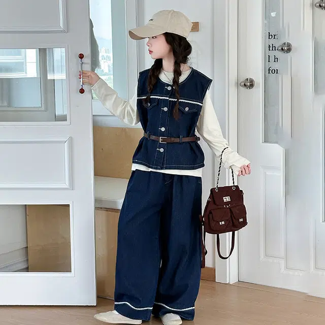 比比我休闲运动套装  女童春秋季牛仔马甲大童潮牌小孩衣服 小女孩短袖洋气时髦 舒适帅气轻便