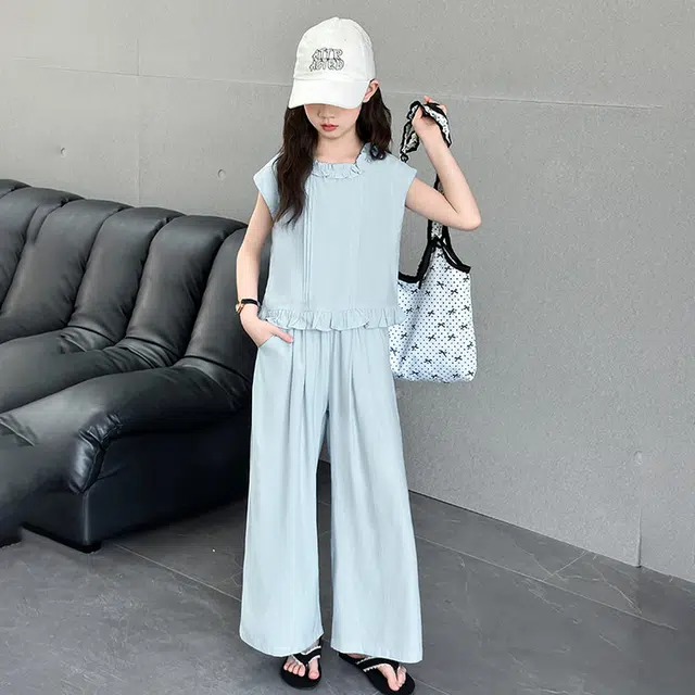 比比我儿童休闲运动套装 女童夏季 小孩衣服 小女孩纯色花边   大童潮牌 无袖长裤套