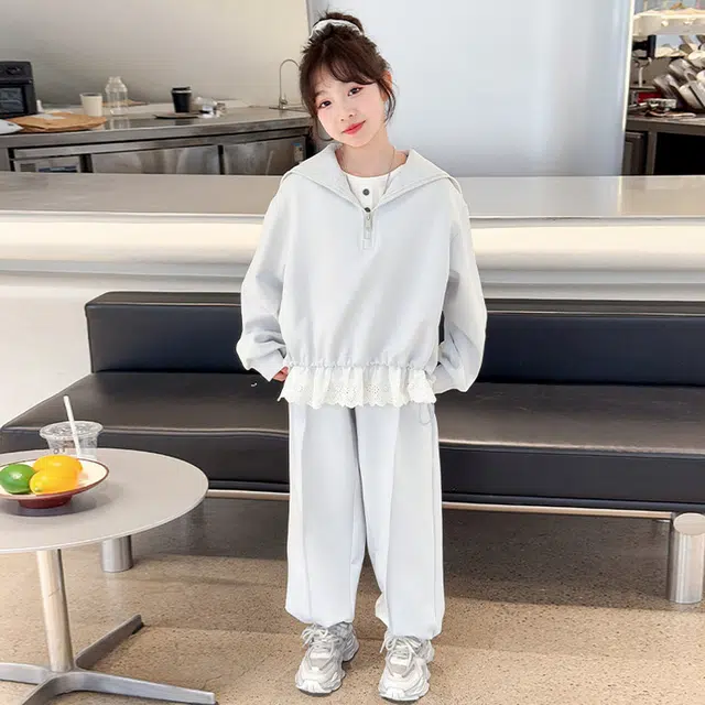 比比我休闲运动套装  女童春秋季大翻领设计花边拼接大童潮牌小孩衣服 小女孩短袖洋气时髦 舒适帅气