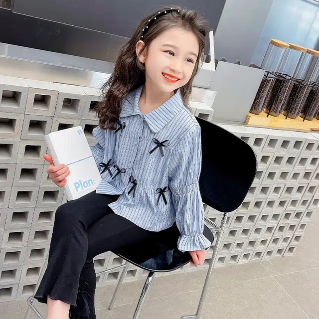 比比我休闲运动套装  女童春秋季条纹衬衫喇叭裤大童潮牌小孩衣服 小女孩短袖洋气时髦 舒适帅气轻便
