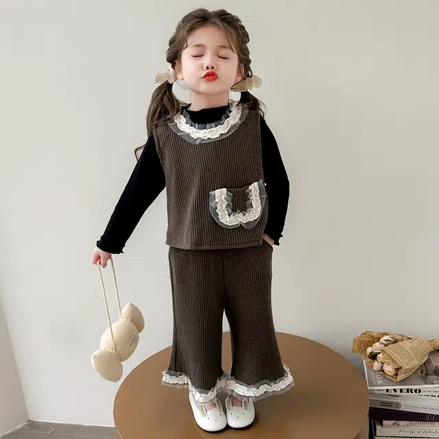 比比我休闲运动套装  女童春秋季花边马甲大童潮牌小孩衣服 小女孩短袖洋气时髦 舒适帅气轻便