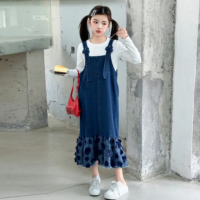 比比我休闲运动套装  女童春秋季爱心牛仔背带裙大童潮牌小孩衣服 小女孩长袖洋气时髦 舒适帅气轻便
