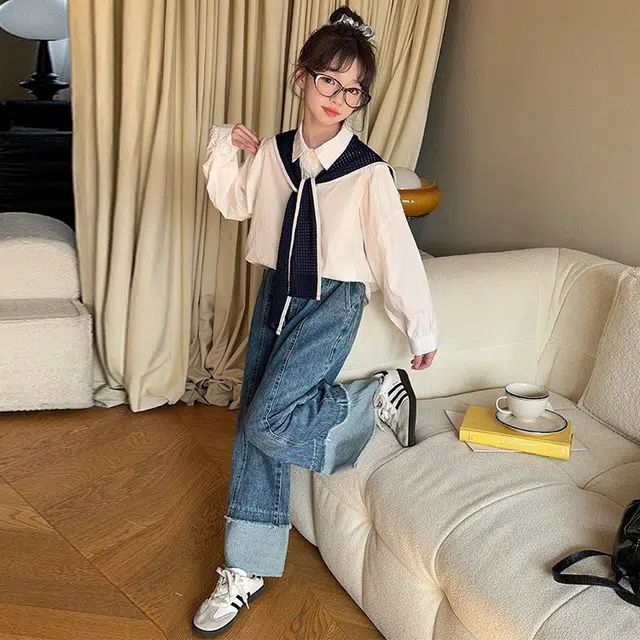 比比我休闲运动套装  女童春秋季白衬衫大童潮牌小孩衣服 小女孩长袖洋气时髦 舒适帅气轻便