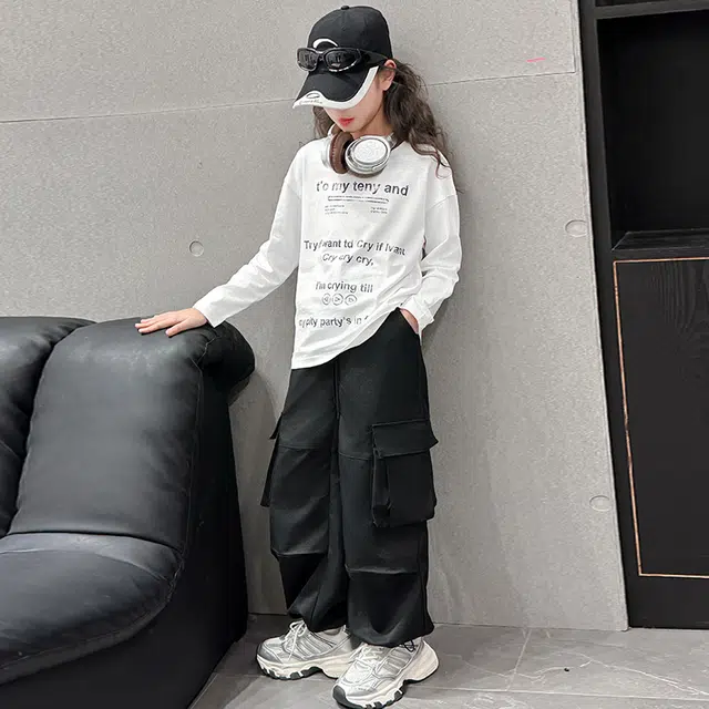 比比我休闲运动套装  女童春秋季字母工装裤大童潮牌小孩衣服 小女孩长袖洋气时髦 舒适帅气轻便