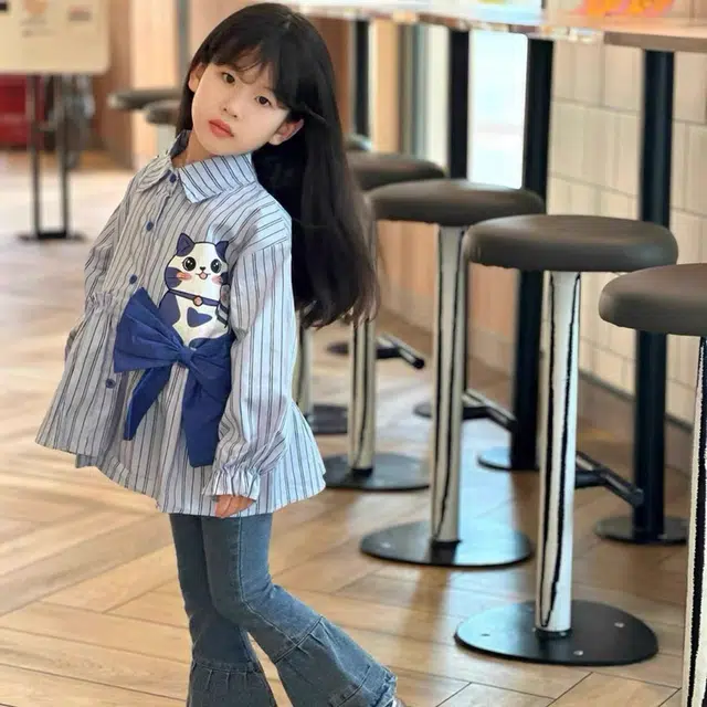 比比我休闲运动套装  女童春秋季猫咪衬衫牛仔裤大童潮牌小孩衣服 小女孩短袖洋气时髦 舒适帅气轻便