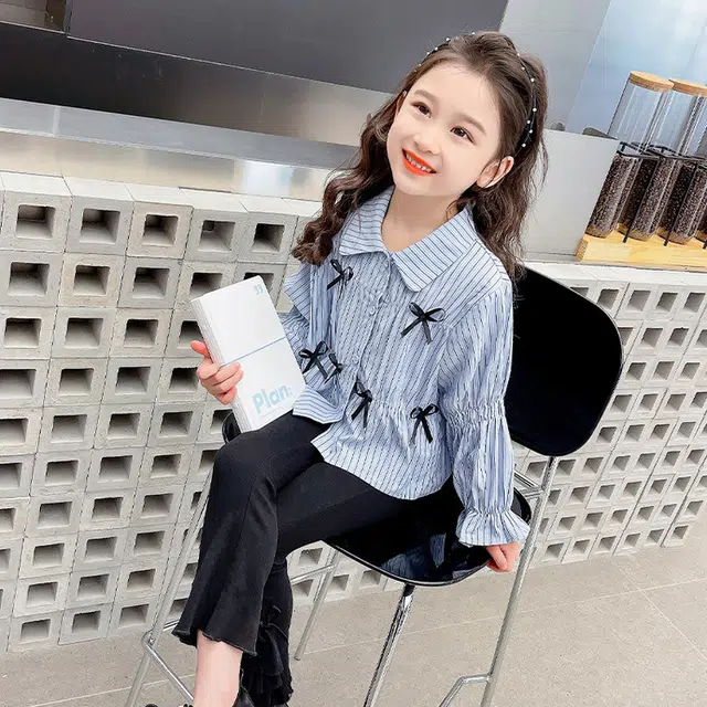 比比我休闲运动套装  女童春秋季条纹衬衫喇叭裤大童潮牌小孩衣服 小女孩短袖洋气时髦 舒适帅气轻便