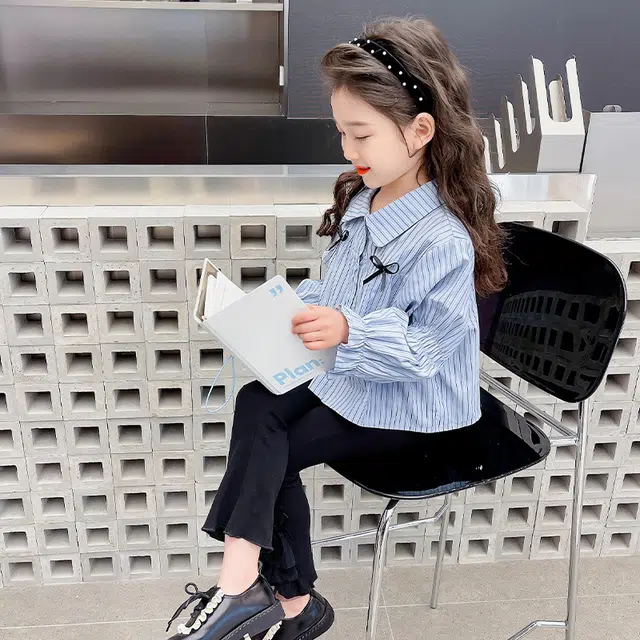 比比我休闲运动套装  女童春秋季条纹衬衫喇叭裤大童潮牌小孩衣服 小女孩短袖洋气时髦 舒适帅气轻便
