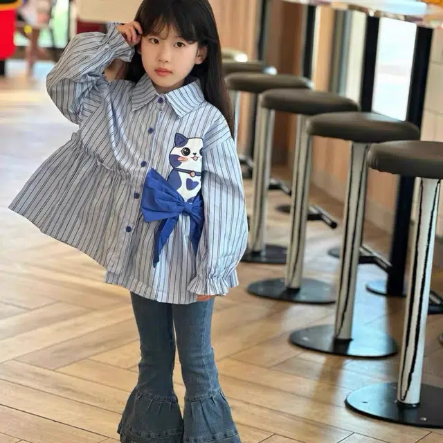 比比我休闲运动套装  女童春秋季猫咪衬衫牛仔裤大童潮牌小孩衣服 小女孩短袖洋气时髦 舒适帅气轻便
