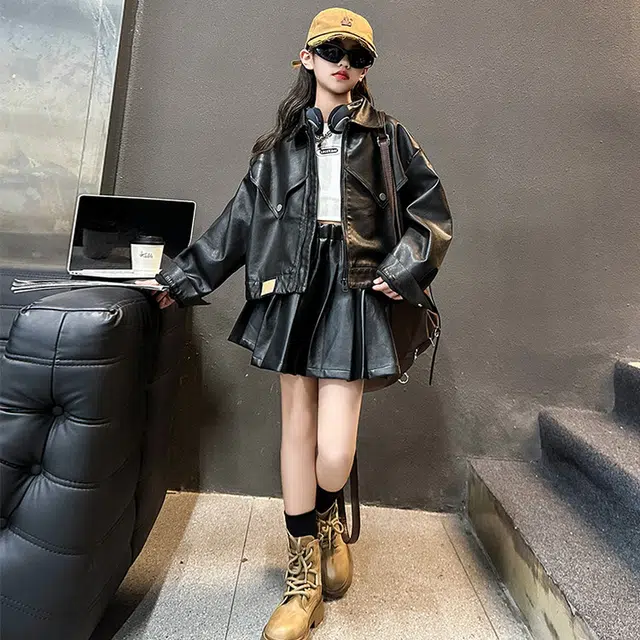 比比我休闲运动套装  女童春秋季洋气皮衣半身裙大童潮牌小孩衣服 小女孩短袖时髦 舒适帅气轻便
