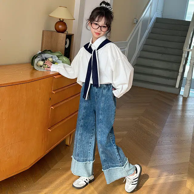 比比我休闲运动套装  女童春秋季白衬衫大童潮牌小孩衣服 小女孩长袖洋气时髦 舒适帅气轻便