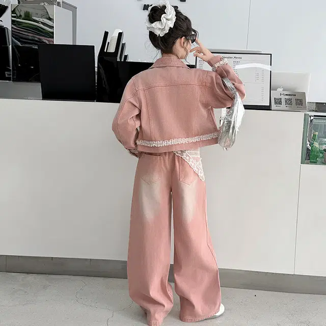 比比我休闲运动套装  女童春秋季花边牛仔大童潮牌小孩衣服 小女孩短袖洋气时髦 舒适帅气轻便