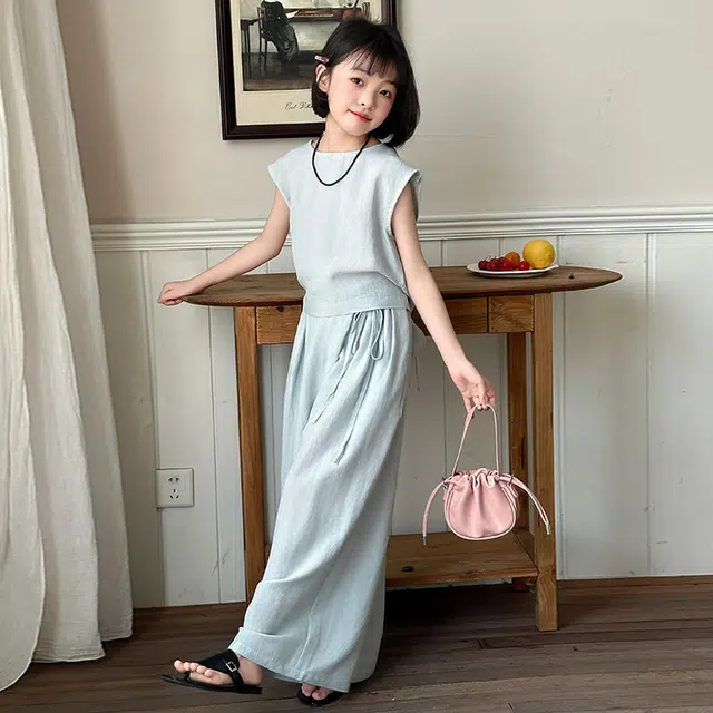 比比我儿童套装  休闲运动  女童夏季服装  小孩衣服 小女孩棉麻套  大童潮牌