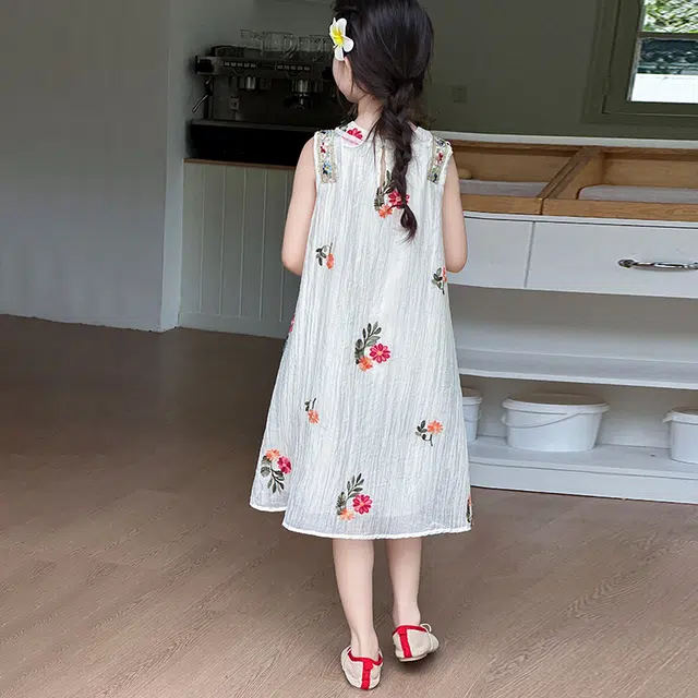 比比我女童夏季连衣裙 小女孩格桑花洋气无袖裙子 清新公主裙 大童潮牌 百搭休闲