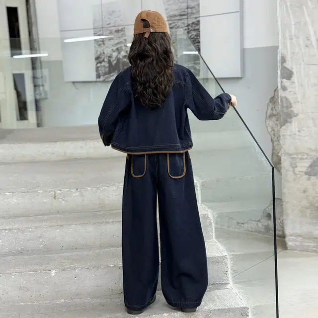 比比我休闲运动套装  女童春秋季撞色牛仔大童潮牌小孩衣服 小女孩长袖洋气时髦 舒适帅气轻便