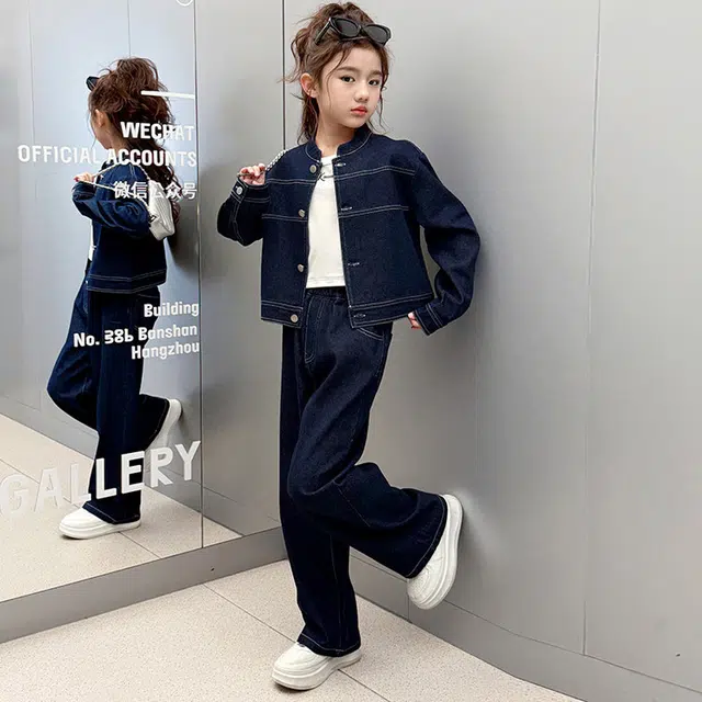 比比我休闲运动套装  女童春秋季牛仔大童潮牌小孩衣服 小女孩长袖洋气时髦 舒适帅气轻便