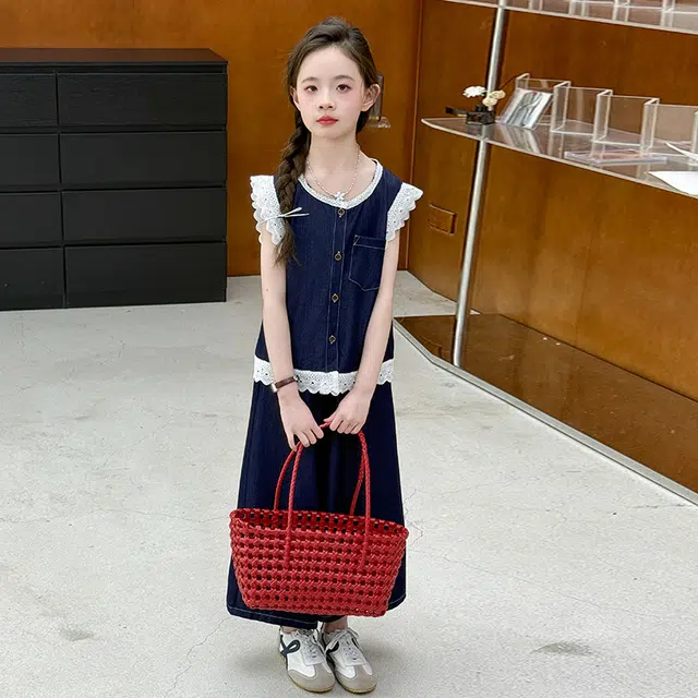 比比我儿童套装  休闲运动 女童夏季服装 小孩衣服 小女孩小香风牛仔花边  大童潮牌