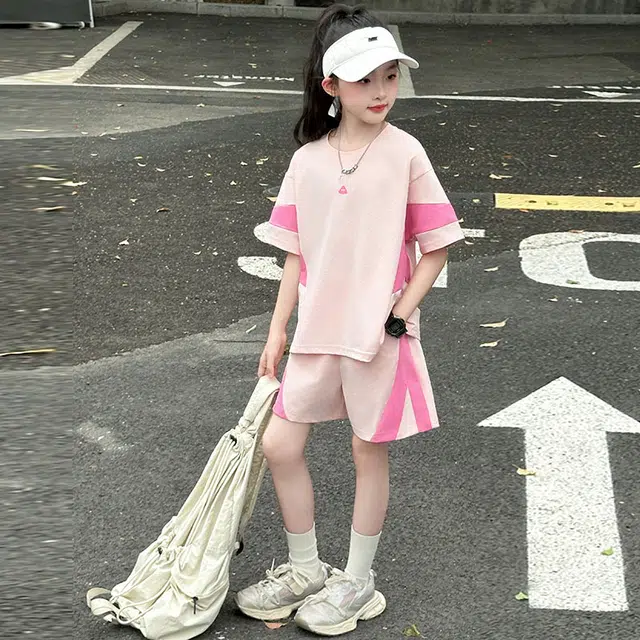 比比我儿童休闲运动套装 女童夏季 小孩衣服 小女孩拼色短袖 洋气短裤套 大童潮牌