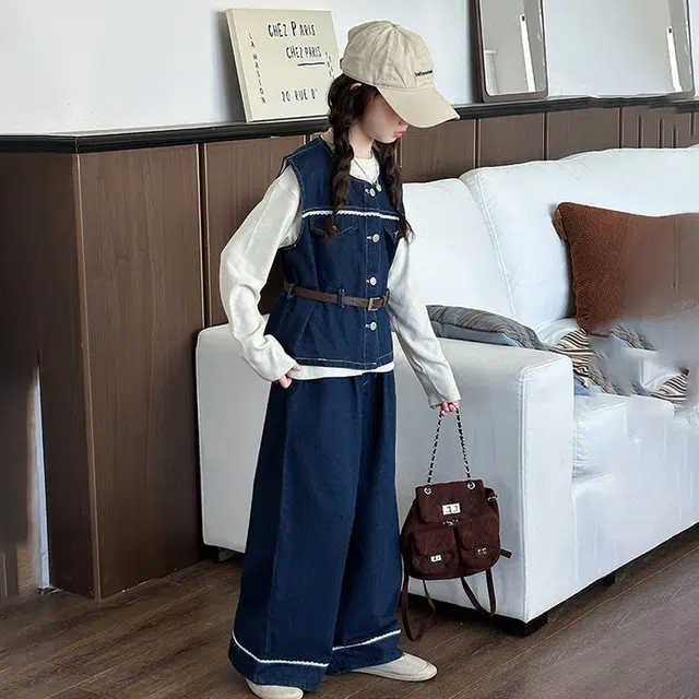 比比我休闲运动套装  女童春秋季牛仔马甲大童潮牌小孩衣服 小女孩短袖洋气时髦 舒适帅气轻便