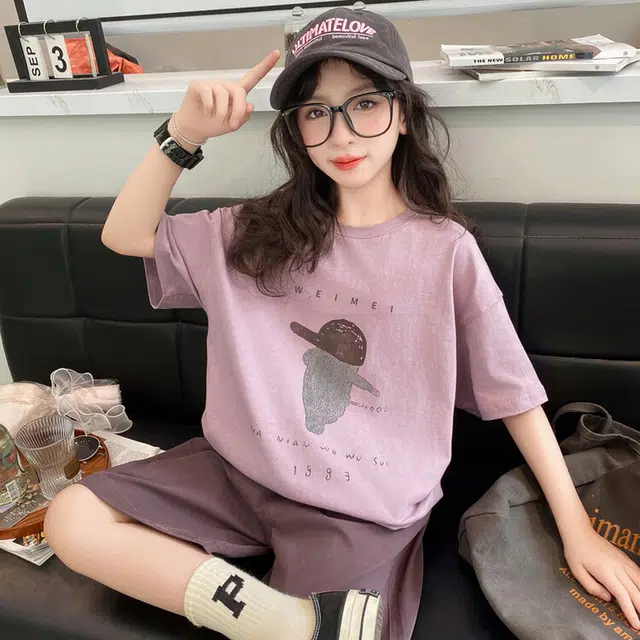 比比我休闲运动套装 女童夏季服装 大童潮牌 小孩衣服 小女孩无袖卡通人短裤套