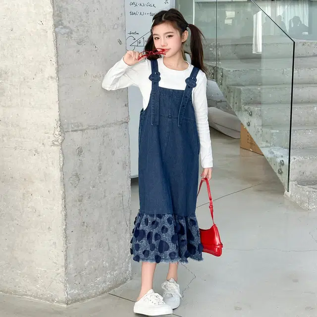 比比我休闲运动套装  女童春秋季爱心牛仔背带裙大童潮牌小孩衣服 小女孩长袖洋气时髦 舒适帅气轻便