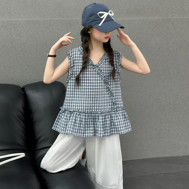 比比我休闲运动套装 女童夏季服装 大童潮牌 小孩衣服 女孩格子花边娃娃衫 时尚潮流