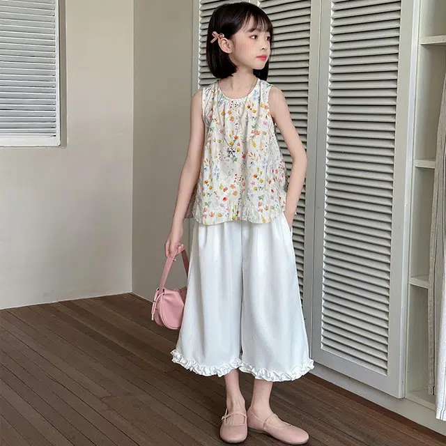 比比我儿童休闲运动套装 女童夏季 小孩衣服 小女孩无袖上衣 洋气中裤套 大童潮牌 时尚