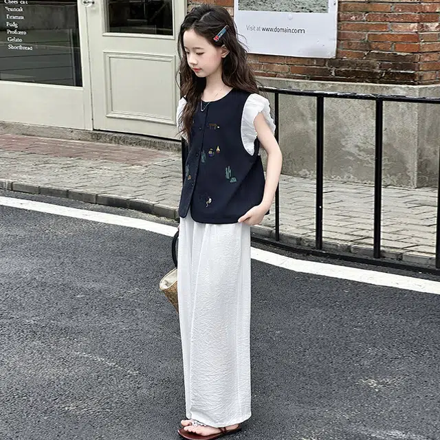 比比我休闲运动套装 女童夏季衣服 小女孩飞袖 洋气时髦 大童潮牌 学生短袖