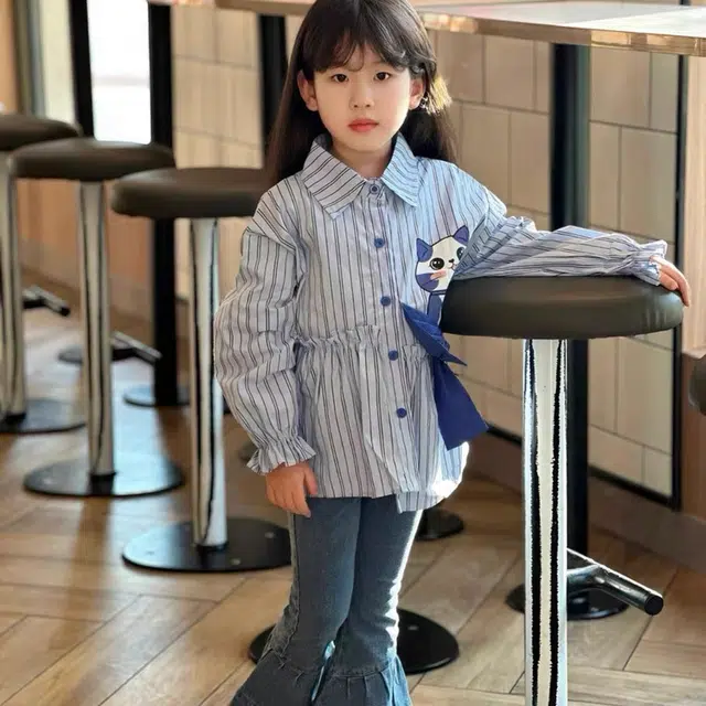 比比我休闲运动套装  女童春秋季猫咪衬衫牛仔裤大童潮牌小孩衣服 小女孩短袖洋气时髦 舒适帅气轻便