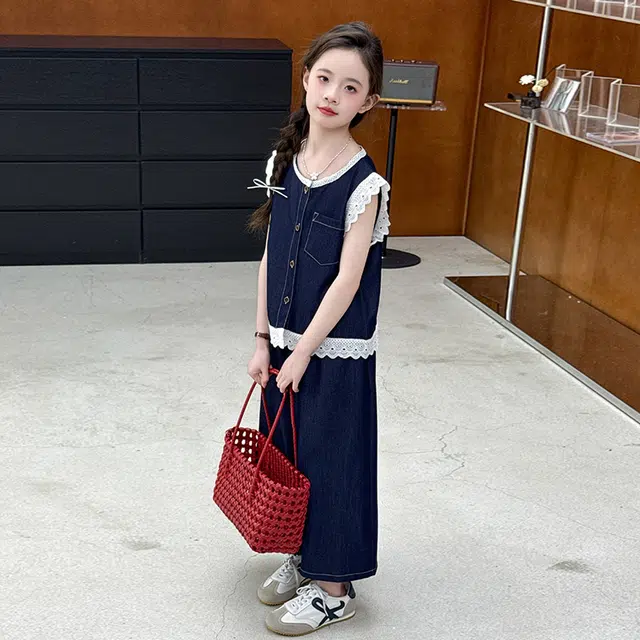 比比我儿童套装  休闲运动 女童夏季服装 小孩衣服 小女孩小香风牛仔花边  大童潮牌