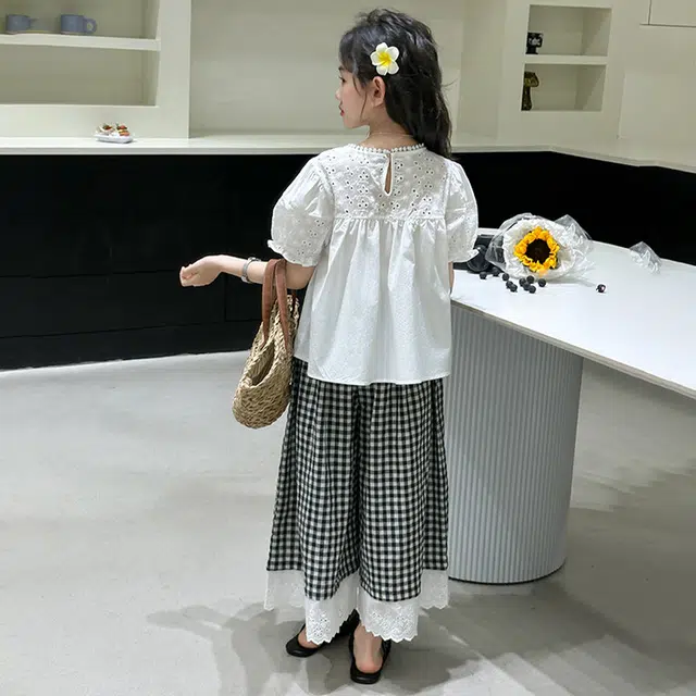 比比我儿童休闲运动套装 女童夏季服装  小孩衣服 小女孩短袖格子裤   大童潮牌