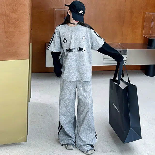 比比我休闲运动套装  女童春秋季假两件拉条大童潮牌小孩衣服 小女孩长袖洋气时髦 舒适帅气轻便