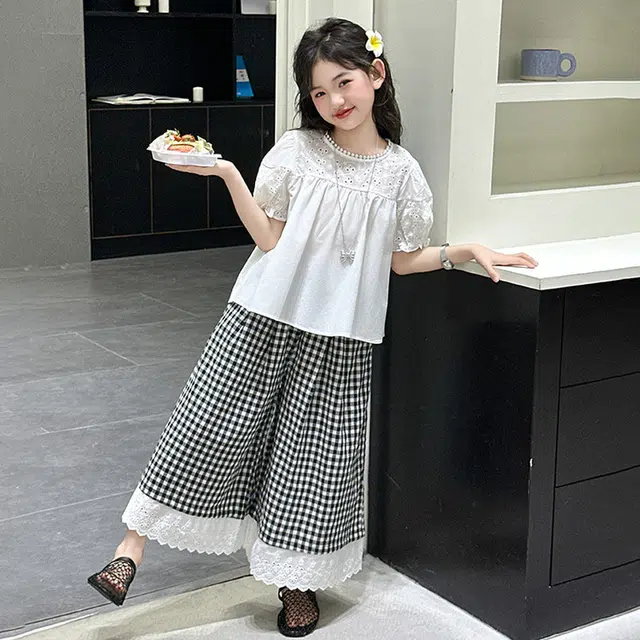 比比我儿童休闲运动套装 女童夏季服装  小孩衣服 小女孩短袖格子裤   大童潮牌