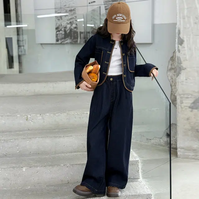 比比我休闲运动套装  女童春秋季撞色牛仔大童潮牌小孩衣服 小女孩长袖洋气时髦 舒适帅气轻便