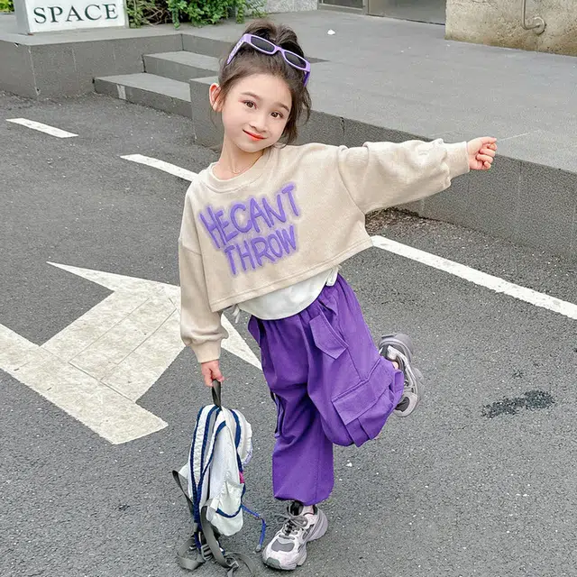 比比我休闲运动套装  女童春秋季字母工装裤大童潮牌小孩衣服 小女孩短袖洋气时髦 舒适帅气轻便
