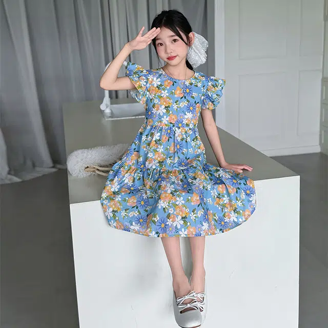 比比我女童夏季裙子 小女孩衣服 碎花连衣裙 清新公主裙 大童潮牌  百搭休闲