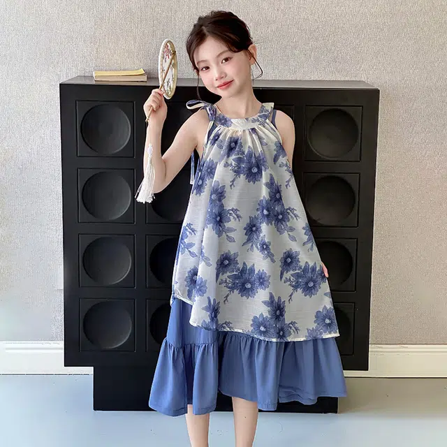 比比我女童夏季连衣裙 小女孩叠穿潮款网纱裙 清新公主裙 大童潮牌国风 百搭休闲