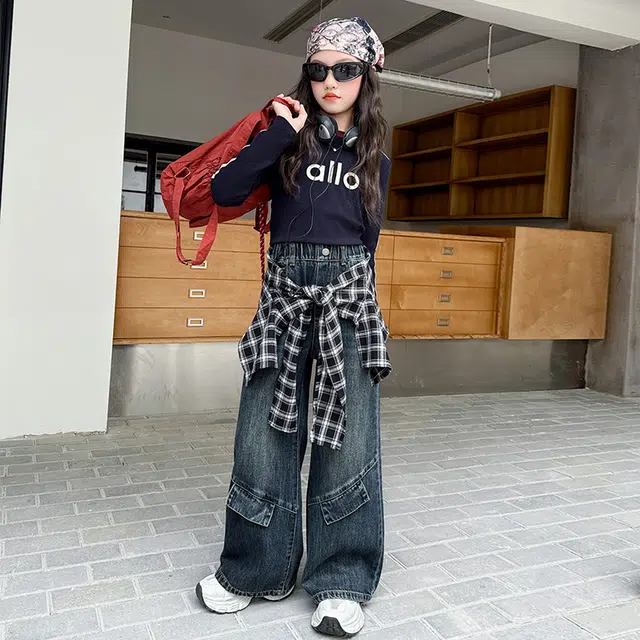 比比我休闲运动套装  女童春秋季印花拉条牛仔裤大童潮牌小孩衣服 小女孩短袖洋气时髦 舒适帅气轻便