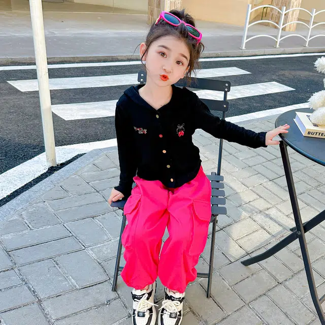 比比我休闲运动套装  女童春秋季连帽工装裤大童潮牌小孩衣服 小女孩短袖洋气时髦 舒适帅气轻便