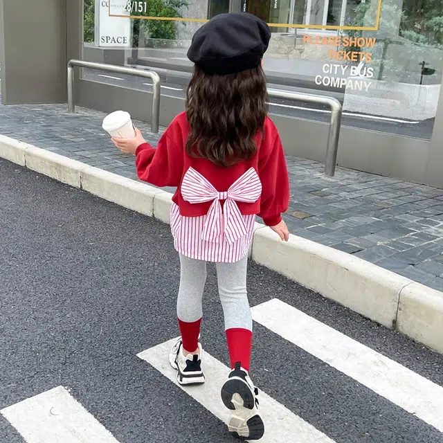 比比我休闲运动套装  女童春秋季假两件蝴蝶结大童潮牌小孩衣服 小女孩短袖洋气时髦 舒适帅气轻便