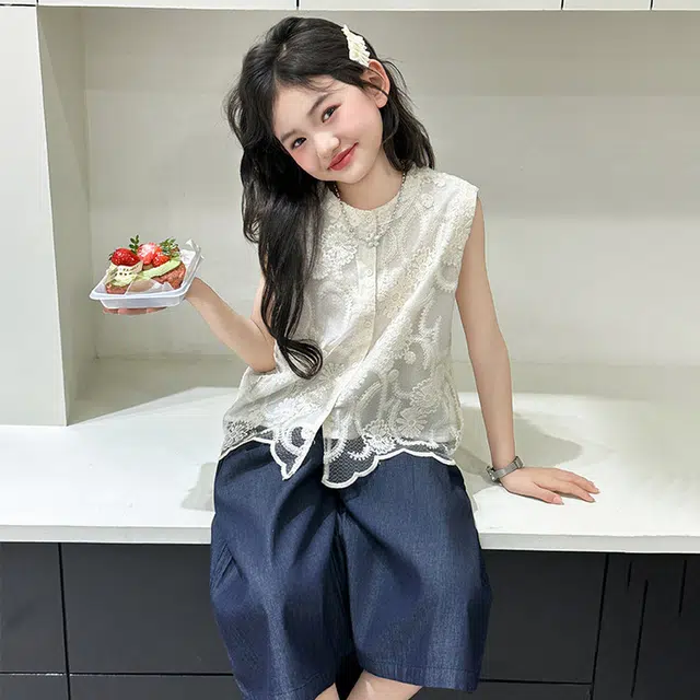 比比我儿童休闲运动套装 女童夏季服装 小孩衣服 小女孩刺绣蕾丝背心马甲牛仔裤 大童潮牌