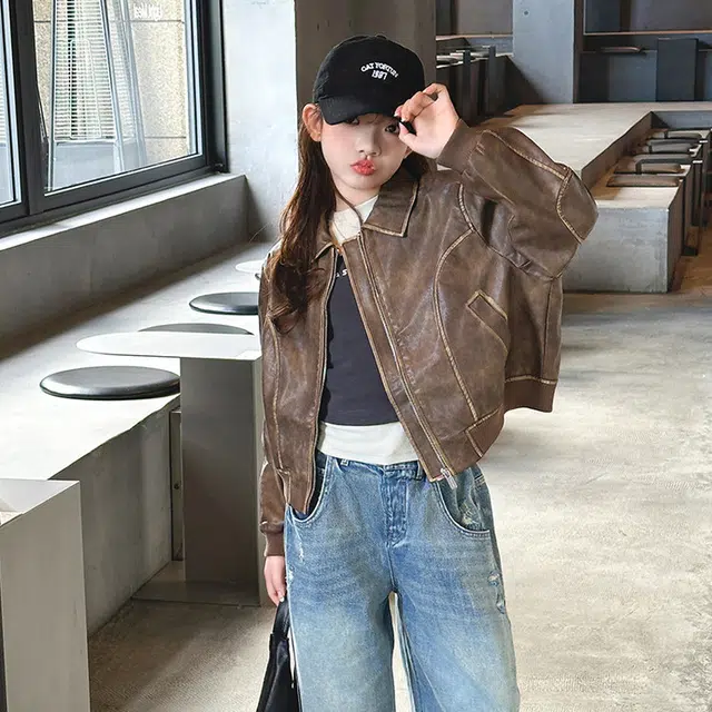 比比我休闲运动套装  女童春秋季皮衣夹克牛仔裤大童潮牌小孩衣服 小女孩长袖洋气时髦 舒适帅气轻便