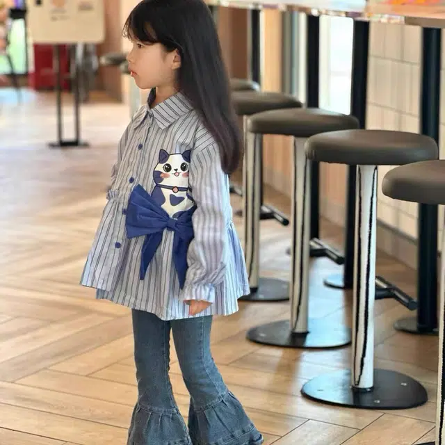 比比我休闲运动套装  女童春秋季猫咪衬衫牛仔裤大童潮牌小孩衣服 小女孩短袖洋气时髦 舒适帅气轻便
