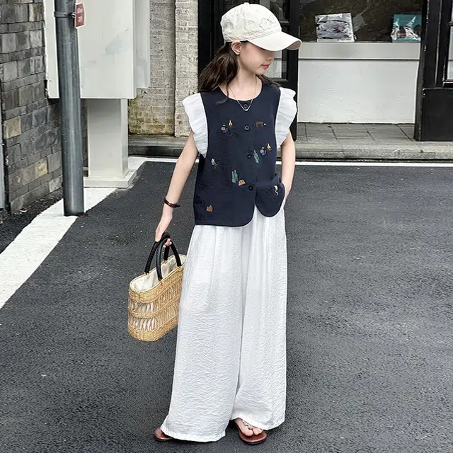 比比我休闲运动套装 女童夏季衣服 小女孩飞袖 洋气时髦 大童潮牌 学生短袖